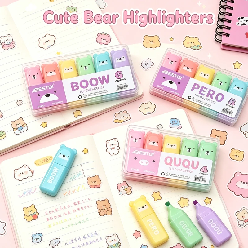 Kawaii Bear Highlighter Pens S - Pastel Highlighter Set Double Ended ulasan dan harga